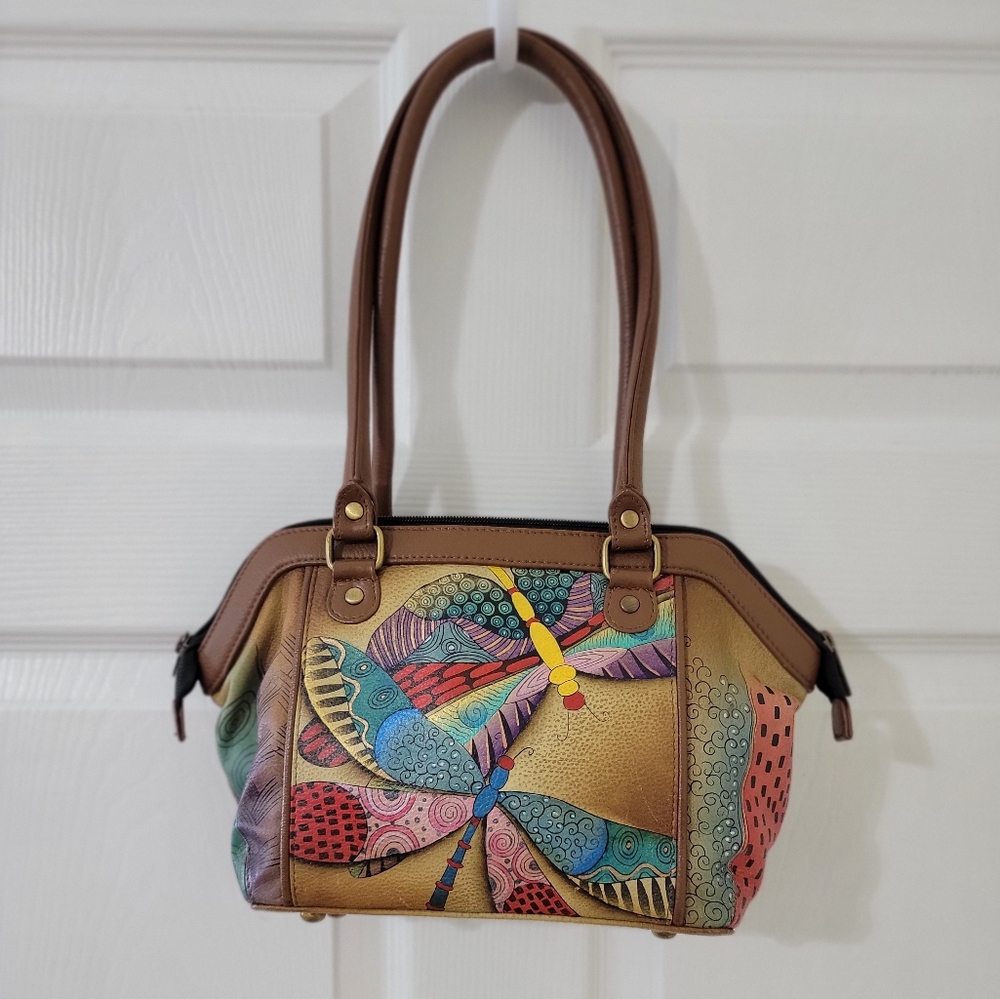 Anuschka Multicolor Dragonfly Shoulder Bag